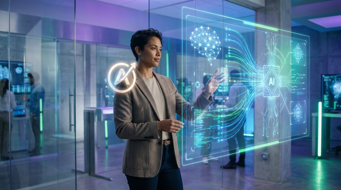 Une professionnelle interagissant avec une interface holographique représentant le fonctionnement d'une IA.